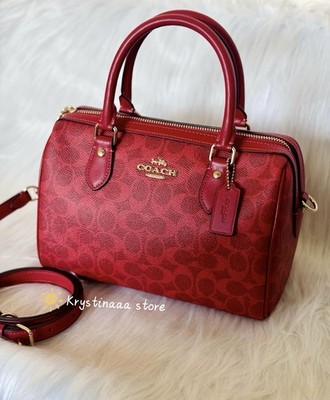 NWT COACH CEY39 Rowan Satchel Bag In Signature Canvas Gold/Crimson