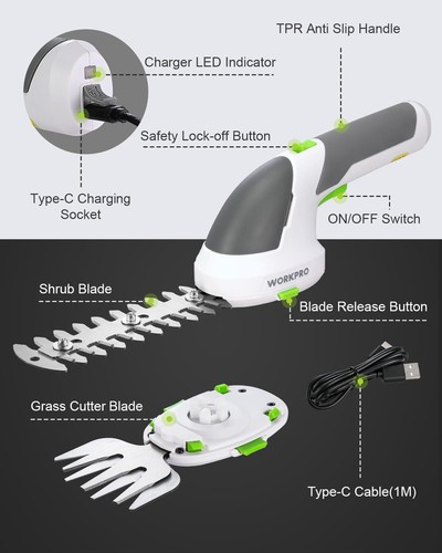 WORKPRO 2 in 1 7.2V Handheld Cordless Grass Shear & Shrubbery Trimmer White New - Picture 6 of 7