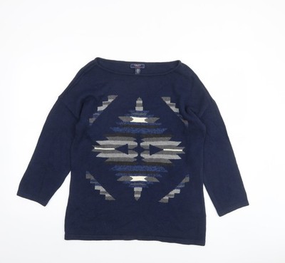 Chaps Damen Pullover Pulli blau Azteken Strick Baumwolle Größe M