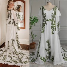 Plus Size Green Leaf Embroidered Wedding Dress Chiffon Forest Drape Open Back