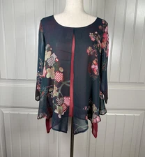 Citron Santa Monica Blouse Womens Petite Medium Silk Floral Sheer Boho Top