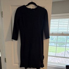 Ann Taylor Black Sheath Dress Ruffle Round Neck 3/4 Sleeve Knee Length Sz 0