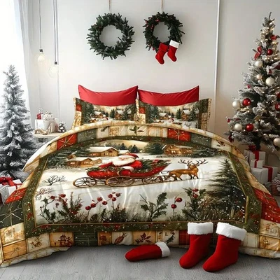 Christmas Village Santa Bedding Set Queen Doona Quilt Duvet Cover Pillowcase - image 1 of 4