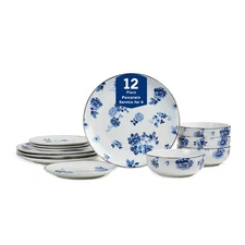 Viola 12-Piece Dinnerware Set Porcelain, Plates and Bowls Set, Dish Set for 4...