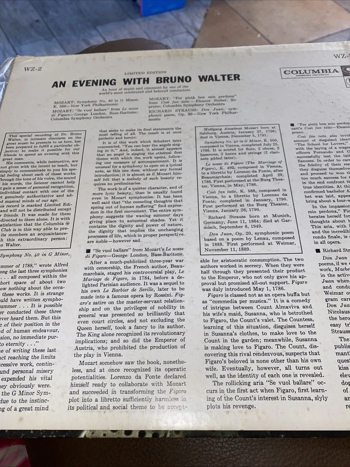 Bruno Walter – Evening LP Columbia Masterworks WZ-2 Limited Edition Vinyl - Image 2 of 4