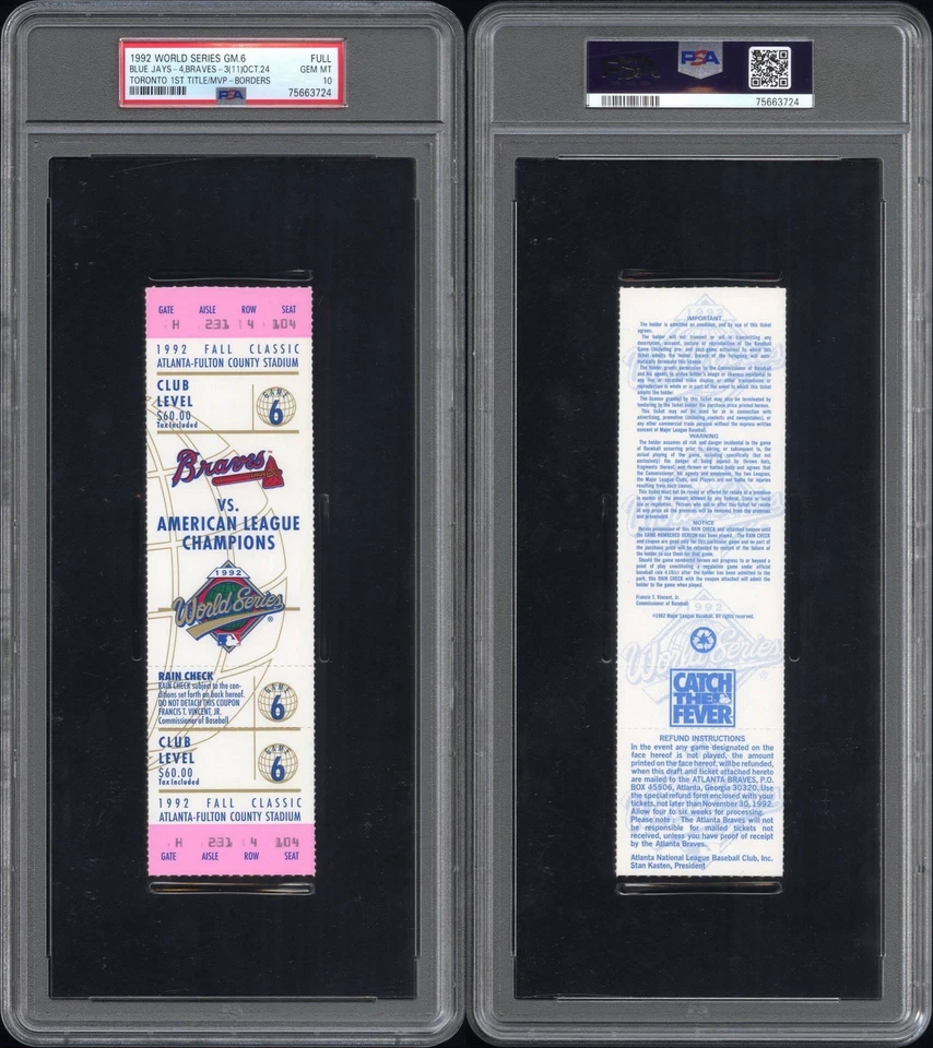 1992 World Series Game 6 Full Ticket Toronto Blue Jays 1st Title PSA 10 POP 5 - Image 3 of 3