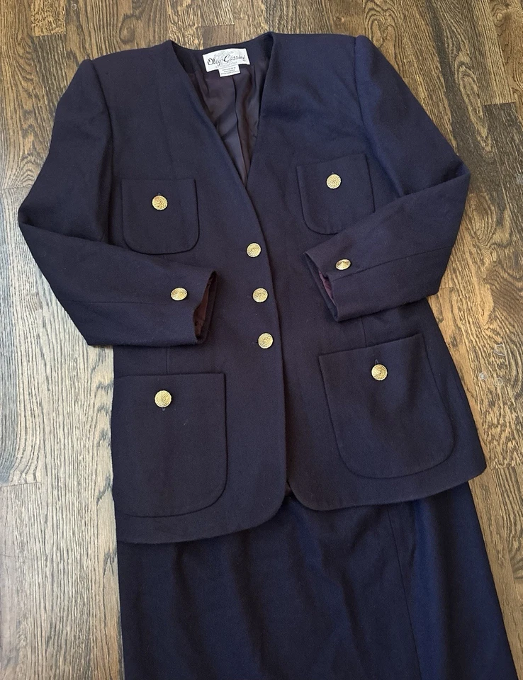 Traje Blazer Oleg Cassini De Colección Azul Marino Lana Dos Piezas Para Mujer Botones Dorados Talla 12” Foto 2 de 4