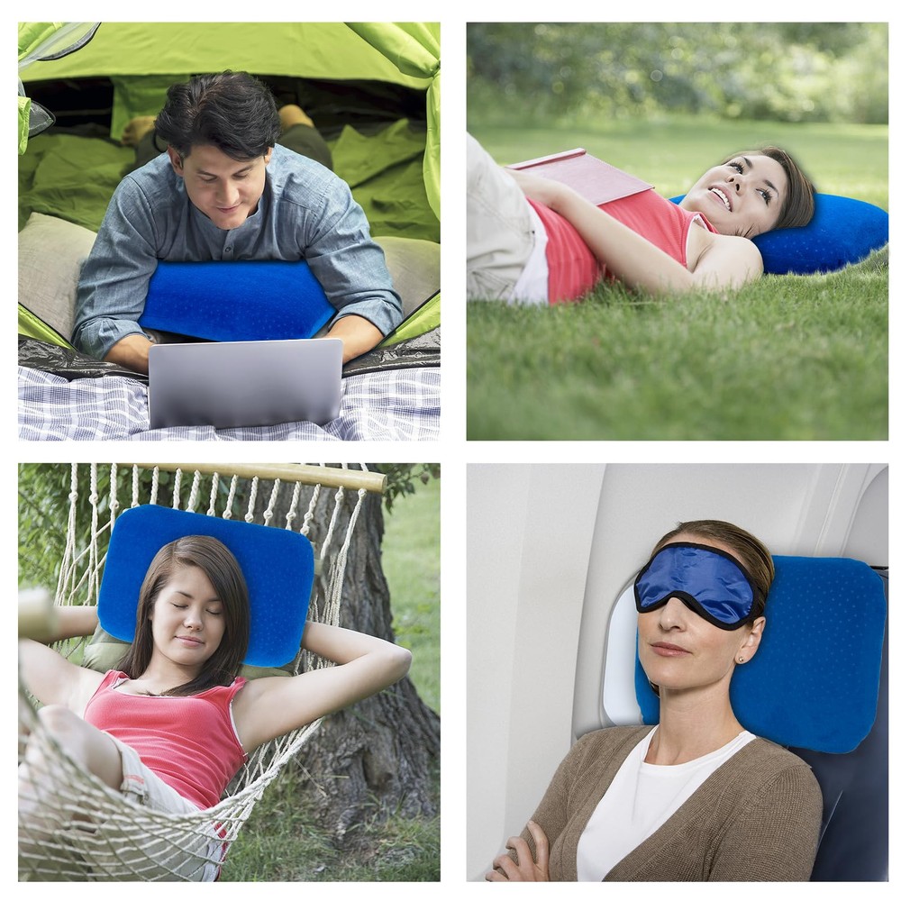 Memory Foam Camping Pillow for Backpacking - Soft Velvet Blue Travel Sleep Aid