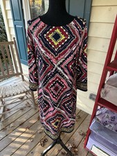 Womens Sz Medium Talbots Chain Link MIDI Shift Dress Abstract 3/4 Sleeves