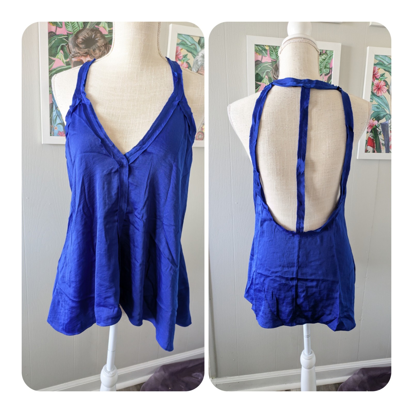 BCBGMaxAzria Women's Royal Blue Back Cutout Blouse Sleeveless Size S V Neck