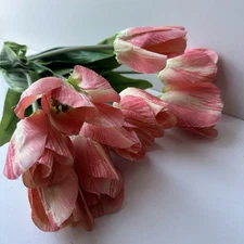 9 Stem Pink Cream Artificial Tulips 20” Faux Floral Bouquet Vase Home Office