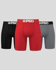 PSD Men's Boxer Briefs Solids 3 Pack - Red/Grey/Black - 7" Inseam - All Sizes