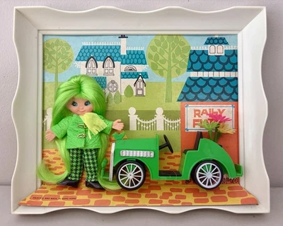 Vintage Flatsy Rally Doll Complete Frame Picture 3D Green Car Driving Ideal Set - Image 1 of 3