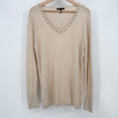 Mango MNG Suit Sweater Womens Medium Beige V-Neck Studded Knit Long Sleeve Top