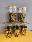 Set Of 5 Culver Ebony Baroque High Ball Glasses Black 22k Gold Vtg MCM Barware