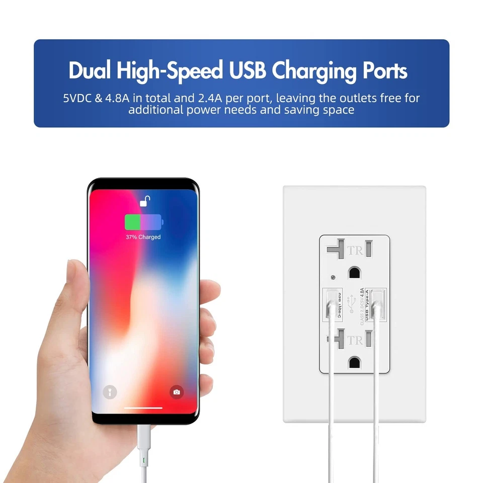 Salida USB C 4.8A Alta Velocidad, 24W 20 Amperios, Blanco, 125 V Resistente a Manipulaciones, Paquete de 10 Foto 2 de 4