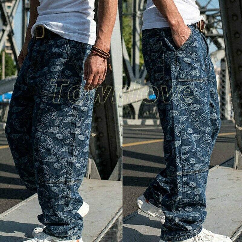 Men Baggy Jean Retro Paisley Denim Pants Hip Hop Loose Straight
