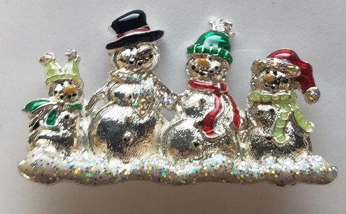 Vintage Silver Tone and Enamel 4 Snowmen Brooch - Picture 3 of 7