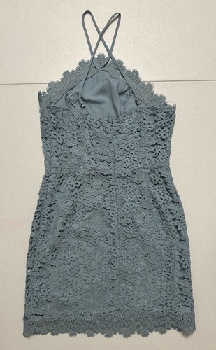 JOA Floral Lace Halter Fitted Sheath Bodycon Mini Dress Dusty Shale Blue Lined S - Picture 2 of 8
