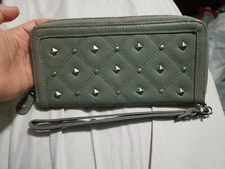 Blackpoppy Full size Women faux leather Grey studded Wristlet or Wallet 9"×4.5" 
