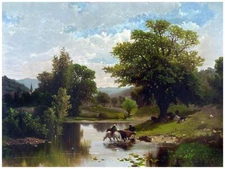 4462.Two men.horses crossing peaceful river.cattle.POSTER.decor Home Office art