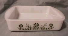 Vintage Glasbake Milk Glass Square Casserole Dish Green Crazy Daisy 8” Square