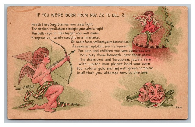 c1910-postcard-sagittarius-zodiac-birth-sign-astrology-cats-bears