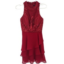 City Studio Chaps Red Sequin Lace Ruffle Hem Dress Sleeveless Zip Back  women´s