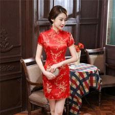 Chinese Summer Cheongsam Women Mini Dress Silk Satin Qipao Size S to 6XL