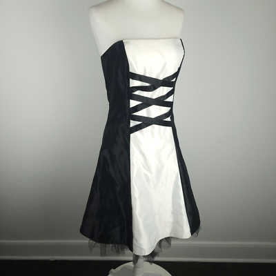 jessica mcclintock black and white prom dress Vtg Y2K Jessica McClintock Black White Prom Dress Short Lace Strapless Size  12
