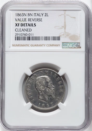 ITALY KINGDOM 1863-N 2 LIRE SILVER COIN, NGC CERTIFIED "XF DETAILS"