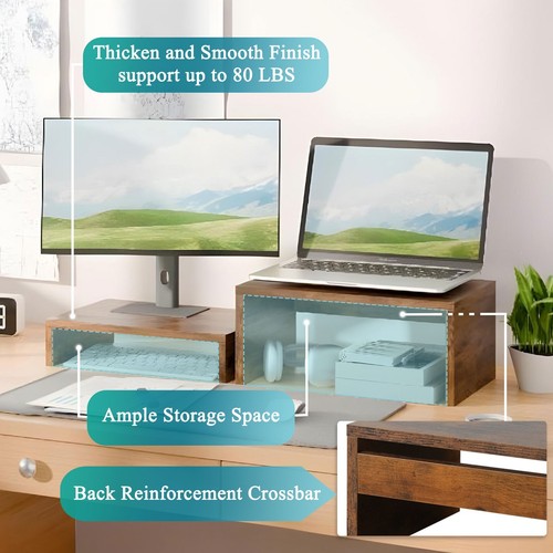 2 Pack Monitor Stand Riser,Wood 2 Tier Adjustable for 2 Monitors/Laptop/PC Brown - Picture 4 of 8