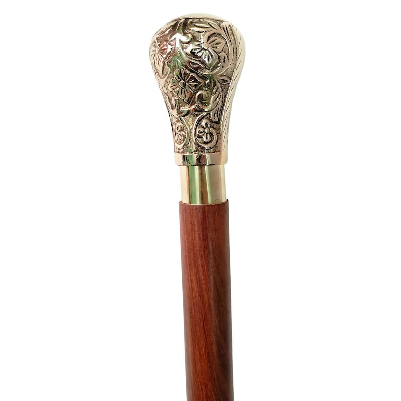Bastone Da Passeggio In Legno Canna In Ottone Manico Vintage Testa - Foto 2