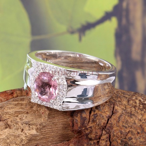 Natural Pink Tourmaline With 14K White Gold Plated Silver Ring for Men's #1620 - Picture 2 of 10