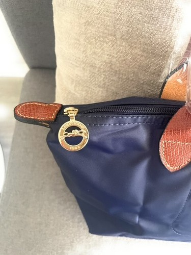 Longcamp Le Pliage Medium Size Tote Bag in Navy Canvas and brown leather - Picture 3 of 5