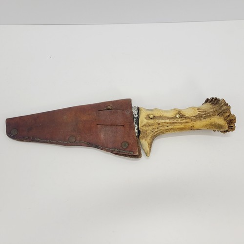 Vintage Hunting Fishing Knife, Bone Shed Horn Antler Hand Made w/ Leather Case - Picture 13 of 24