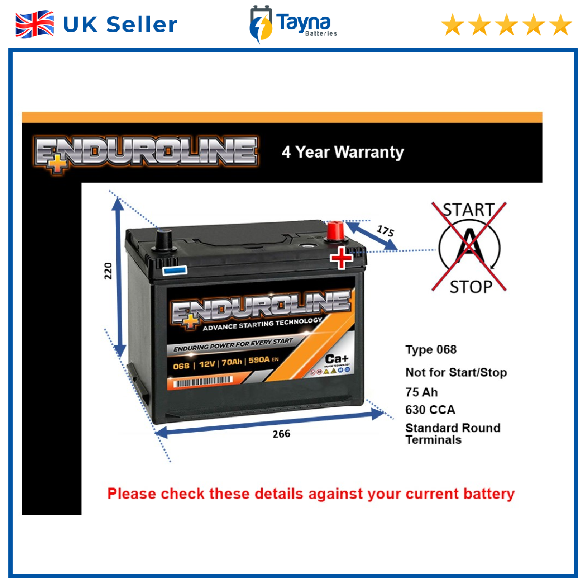 Car Battery 068 Enduroline 068 630A 75Ah 4Yr Warranty 266x175x220