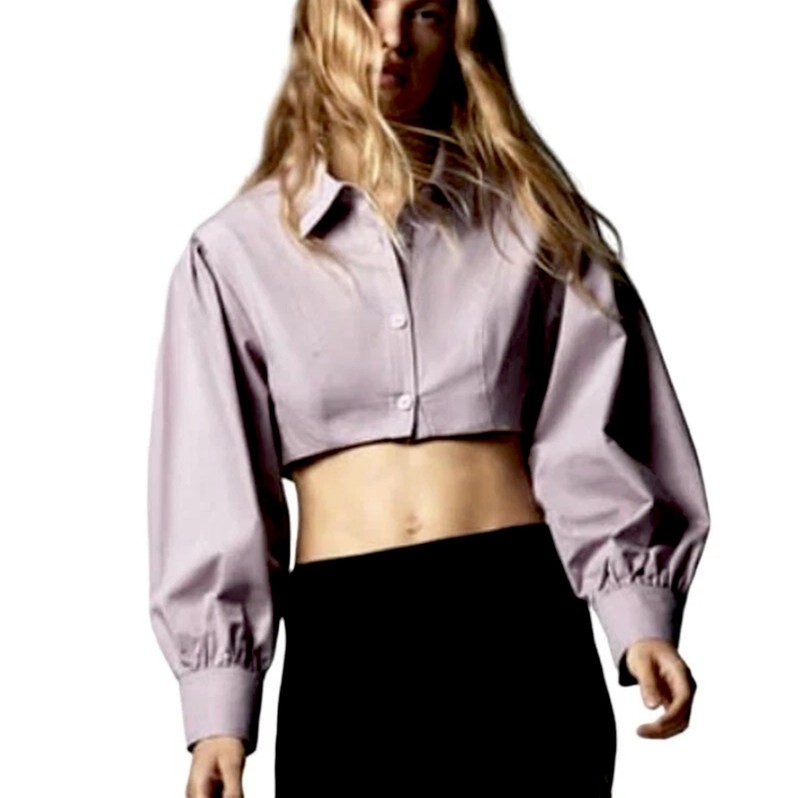 Zara Women's 100% Cotton Lilac Voluminous Poplin Cropped Shirt Sz Small