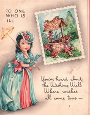 Vintage Get Well Greeting Card To One Who Is ILL Lady In Dress