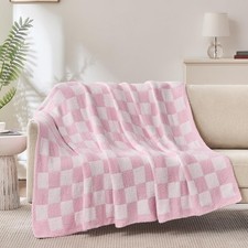 Checkered Throw Blanket Pink Soft Cozy Fluffy Knitted Plaid Warm 50x70 Inches