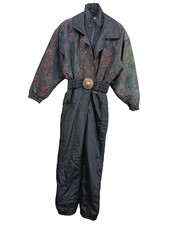 FERA Ski Jumpsuit Women's Black Floral Insulated Belted Snowsuit 90s Size 8