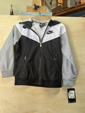 Nike Boys Windbreaker Jacket Hooded Full Zip Black White Gray 5-6Y 110-116cm