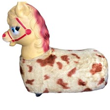 Vintage Rubber Face Ride On Horse Plush on Wheels Spotted Pony Toy MCM READ