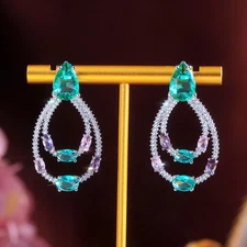 Women Silver Plated Double Layer Cubic Zirconia Long Drop Earrings Party Jewelry