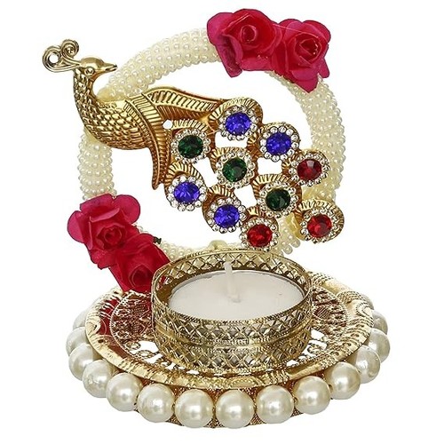Portacandele portacandele decorativo floreale pavone in metallo per Diwali, Navratri, - Foto 4 di 4