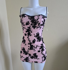 Women’s Pink/Black Floral Lace Trim Sweetheart Strappy Bodycon Mini Dress S