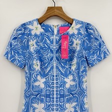 Lilly Pulitzer Dixey Short Sleeve Stretch Shift Dress in Lunar Blue Floral 00