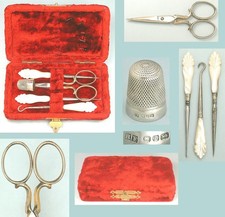 Antique Velvet Cased Sewing Tool Set * Sterling Silver Thimble * Circa 1899