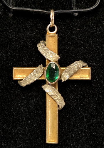 Vtg Cross Gold-plated Green Glass Rhinestone Pendant Feather Wrap Two-Tone GF