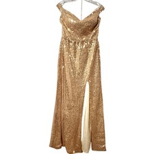 Gold Sequin Formal Off the Shoulder Long Dress Leg Slit Prom Holiday Bridesmaid
